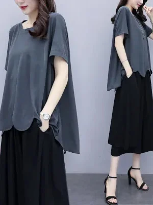 plus Size Women's Fashion Set High Waist Wide Leg Pants Short Sleeve Midi Dress Pants And Skirt Two Piece Summer Outfit
plus Size Women's Fashion Set High Waist Wide Leg Pants Short Sleeve Midi Dress Pants And Skirt Two Piece Summer Outfit