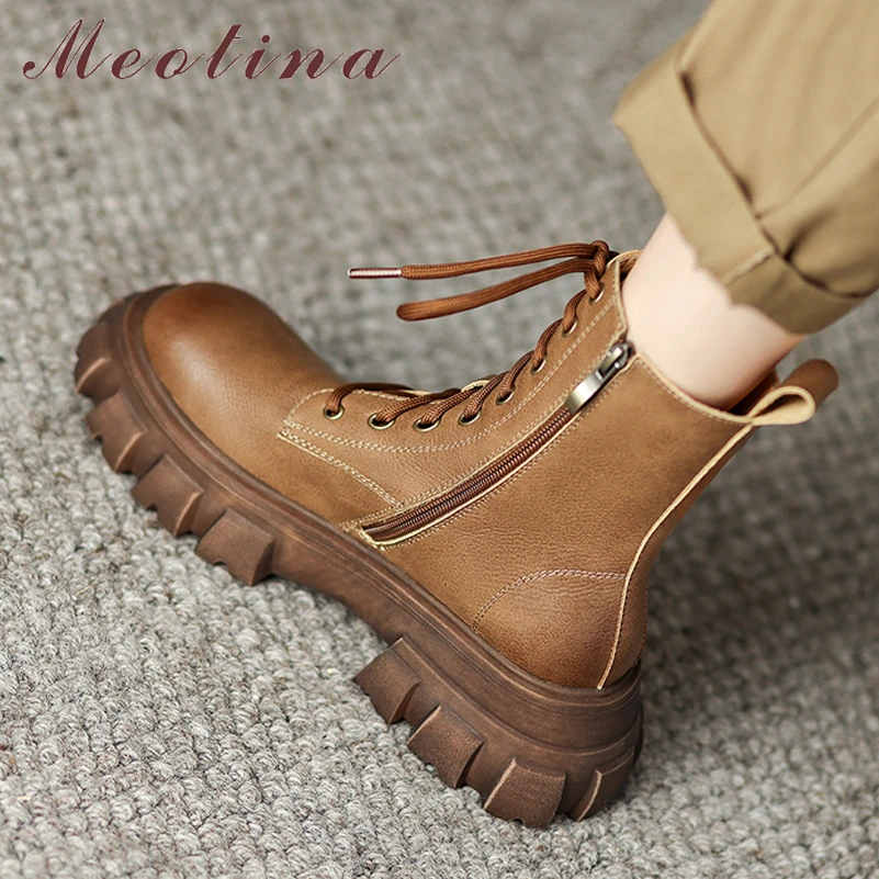 Meotina Women Genuine Leather Ankle Boots Round Toe Platform Thick High Heel Zipper Lace-up Lady Short Boot Autumn Winter Shoes
Meotina Women Genuine Leather Ankle Boots Round Toe Platform Thick High Heel Zipper Lace-up Lady Short Boot Autumn Winter Shoes