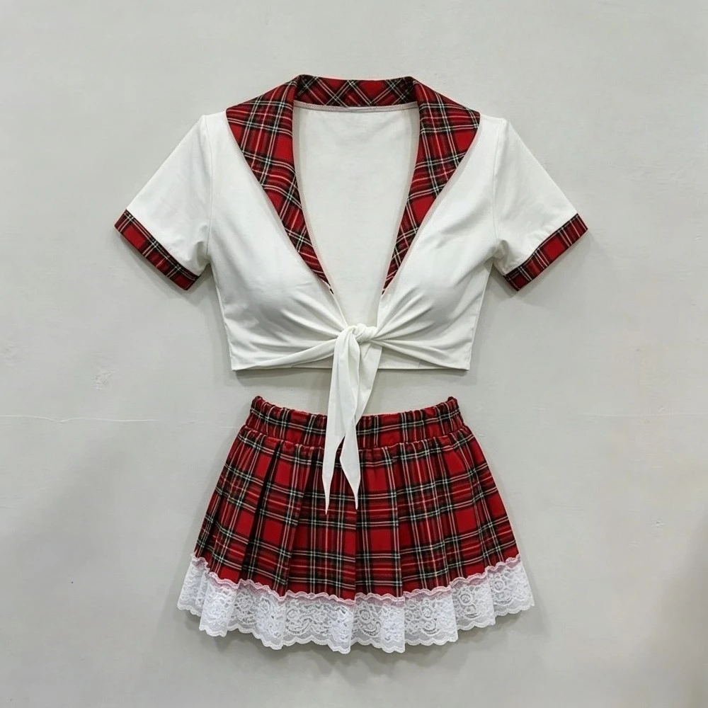Schoolgirl Cosplay Lingerie Set, Red Plaid Tie Front Crop Top Lace Trim Mini Skirt Outfit
Schoolgirl Cosplay Lingerie Set, Red Plaid Tie Front Crop Top Lace Trim Mini Skirt Outfit