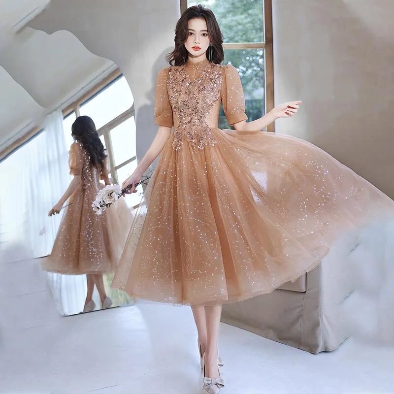 Sequins High Neck Short Sleeves Evening Dress Simple Lace Up A-Line Tulle Tea-Length Luxurious New Woman Formal Party Gown A2414
Sequins High Neck Short Sleeves Evening Dress Simple Lace Up A-Line Tulle Tea-Length Luxurious New Woman Formal Party Gown A2414
