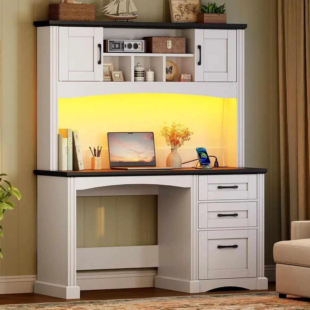 Large 47.4 LED-lit Computer Desk with Hutch, Drawer, and Charging Station, Wooden Executive Home Office Desk, Study Desk in Whit
Large 47.4 LED-lit Computer Desk with Hutch, Drawer, and Charging Station, Wooden Executive Home Office Desk, Study Desk in Whit