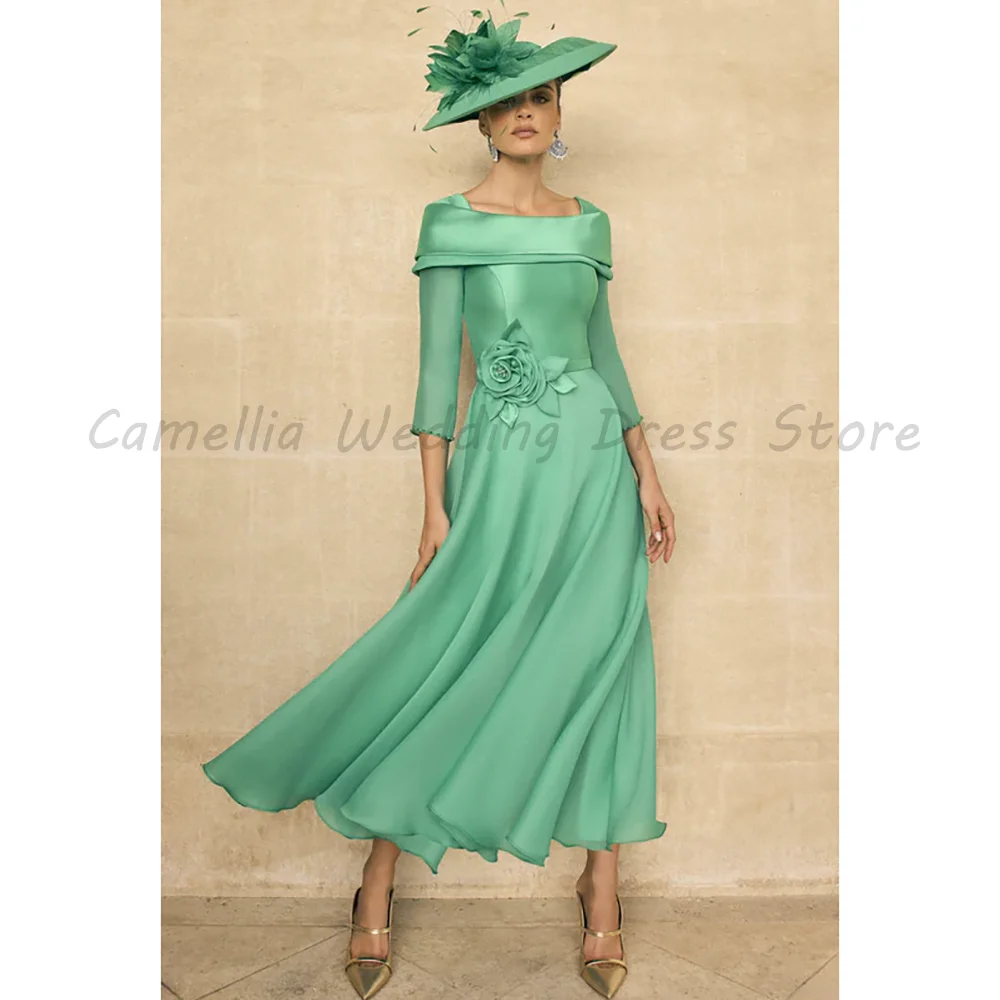 Green Off The Shoulder 3/4 Sleeve Satin Chiffon Tea Length Mother Of The Bride Dress 3D Flower Formal Gown
Green Off The Shoulder 3/4 Sleeve Satin Chiffon Tea Length Mother Of The Bride Dress 3D Flower Formal Gown