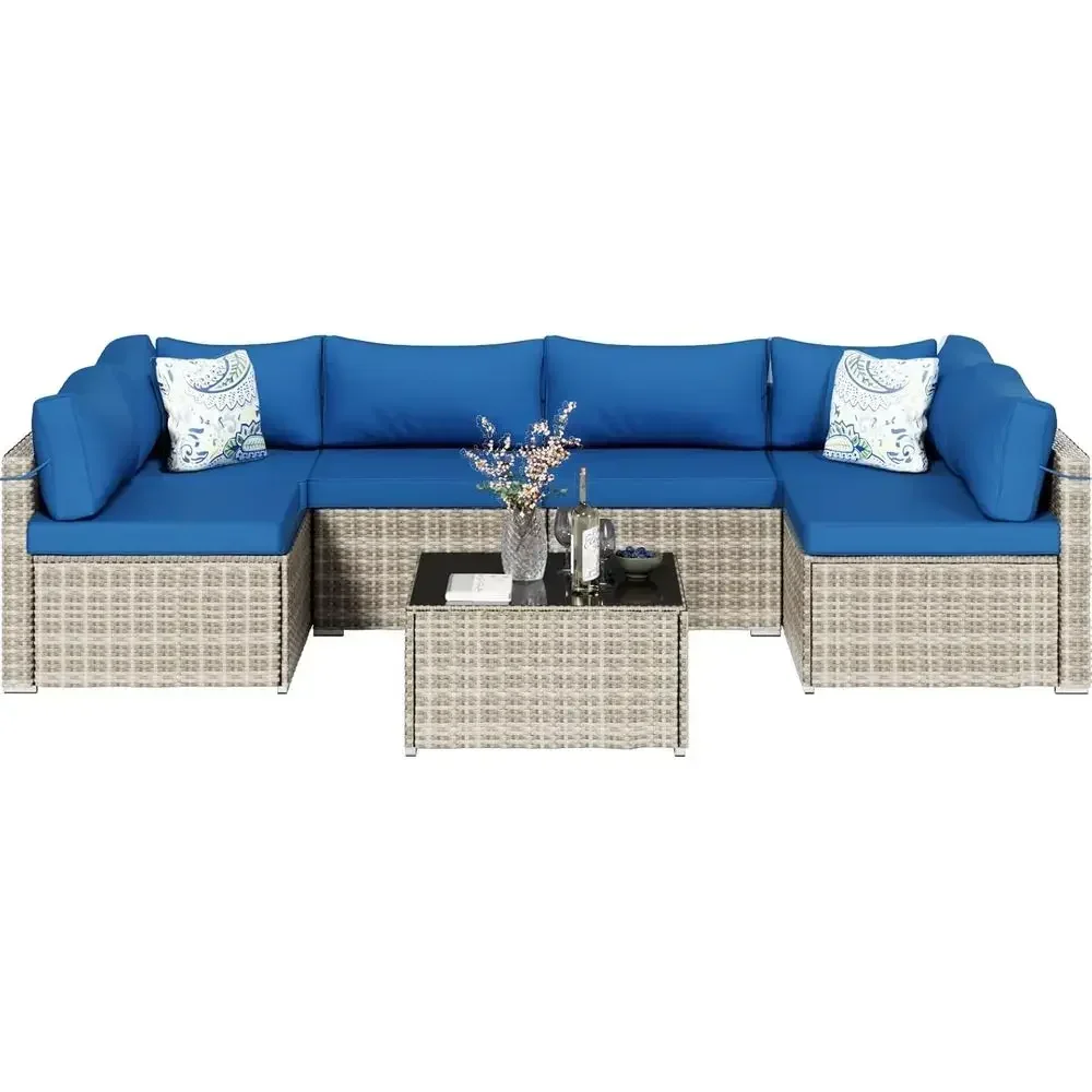 Gray Rattan Patio Furniture Set with Blue Cushions and Tempered Glass Coffee Table
Gray Rattan Patio Furniture Set with Blue Cushions and Tempered Glass Coffee Table