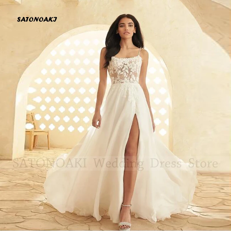 Elegant Spaghetti Straps Lace Chiffon Wedding Dress for Women A-Line Side Split Bride Gown Vestido De Novia Robe Mariée Custom
Elegant Spaghetti Straps Lace Chiffon Wedding Dress for Women A-Line Side Split Bride Gown Vestido De Novia Robe Mariée Custom