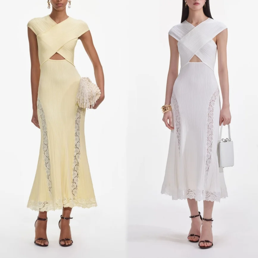 Spring Summer New Design Sensation Cross Neck Hollow out Lace Splicing Slimming Long Tail Fish Tail Dress Elegant Style
Spring Summer New Design Sensation Cross Neck Hollow out Lace Splicing Slimming Long Tail Fish Tail Dress Elegant Style