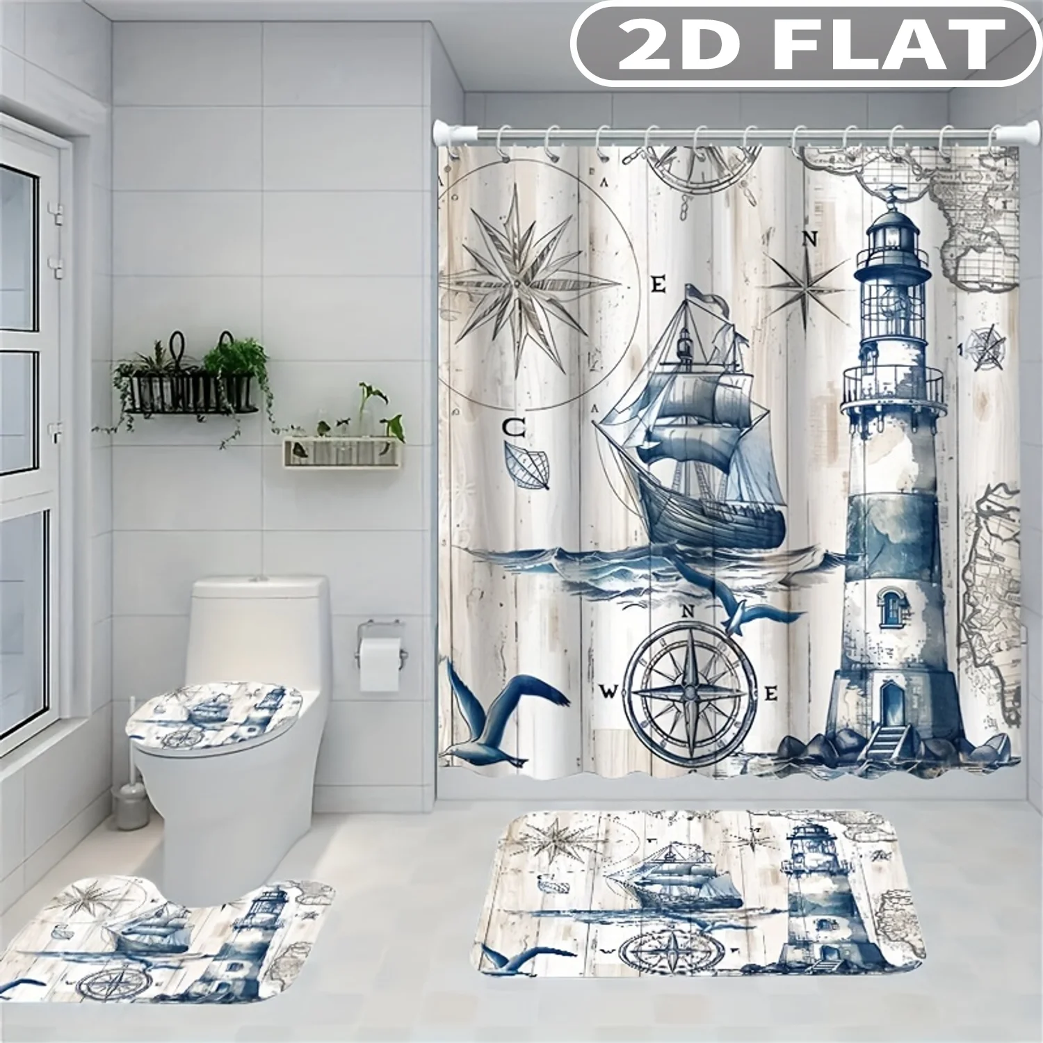 1pc/ 4pcs 2D FLAT Nautical Map Ship Lighthouse Pattern Shower Curtain Set, Accessories with Bath Mat, U-shaped Mat, Toilet Lid
1pc/ 4pcs 2D FLAT Nautical Map Ship Lighthouse Pattern Shower Curtain Set, Accessories with Bath Mat, U-shaped Mat, Toilet Lid
