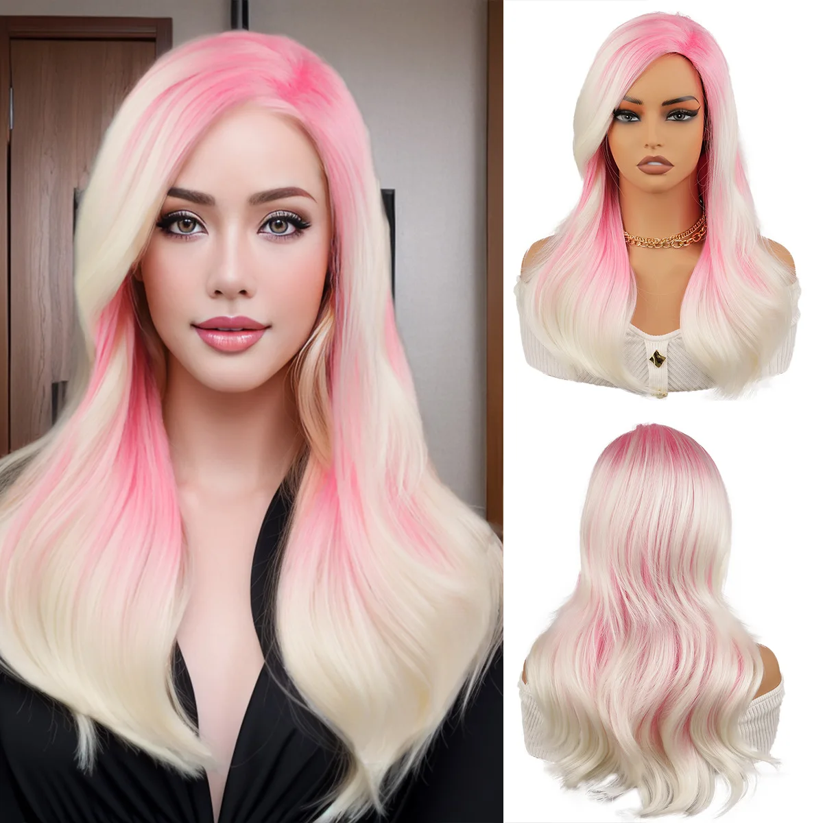Partial pink gradual change wig women's new long curly hair oblique bangs chemical fiber full headgear
Partial pink gradual change wig women's new long curly hair oblique bangs chemical fiber full headgear