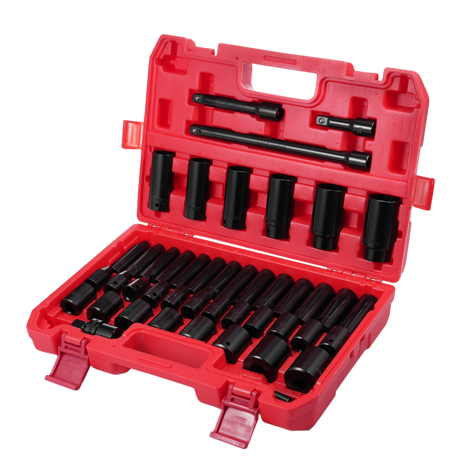 1/2 Drive Metric Impact Socket Set 45 Piece Deep and Shallow Assortment Metric Sizes 9mm to 32mm Top Grade Chrome Vanadium Steel
1/2 Drive Metric Impact Socket Set 45 Piece Deep and Shallow Assortment Metric Sizes 9mm to 32mm Top Grade Chrome Vanadium Steel