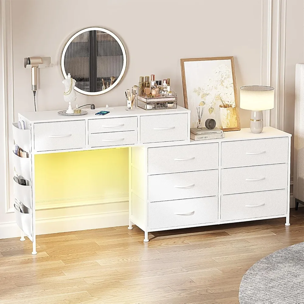 Dresser for Bedroom with Charging Station and LED Light, 67" Rotatable Vanity Desk with Side Pockets,
Dresser for Bedroom with Charging Station and LED Light, 67" Rotatable Vanity Desk with Side Pockets,