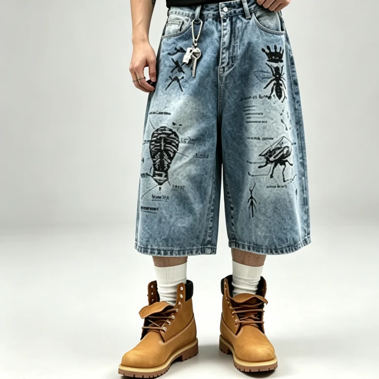 American Street Graffiti Print Denim Shorts for Men, Summer Loose Trendy Retro Style Three-Quarter Shorts
American Street Graffiti Print Denim Shorts for Men, Summer Loose Trendy Retro Style Three-Quarter Shorts