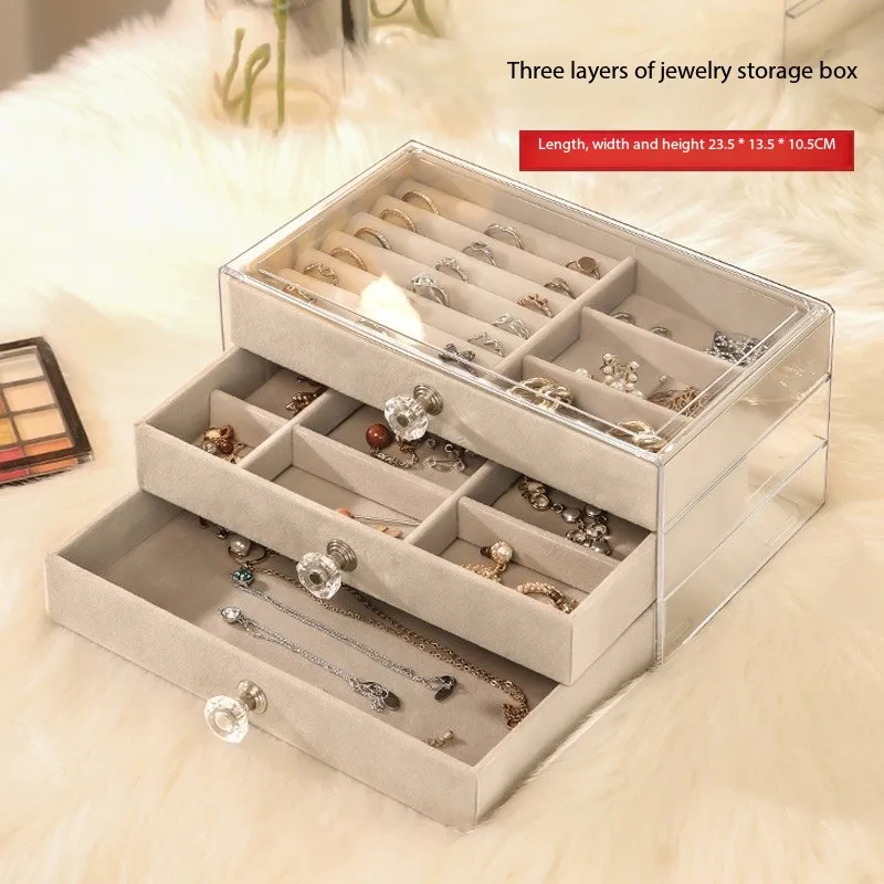 Cross-border hit three-layer flannel jewelry storage box, earring and stud organizer, dust-proof drawer-style jewelry case
Cross-border hit three-layer flannel jewelry storage box, earring and stud organizer, dust-proof drawer-style jewelry case