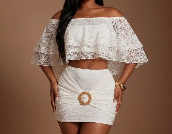 Two Piece Set Women Outfit 2026 Spring Summer New Solid Color Off Shoulder Lace Crop Top & O-Ring Design Hip Hugging Skirt Set
Two Piece Set Women Outfit 2026 Spring Summer New Solid Color Off Shoulder Lace Crop Top & O-Ring Design Hip Hugging Skirt Set