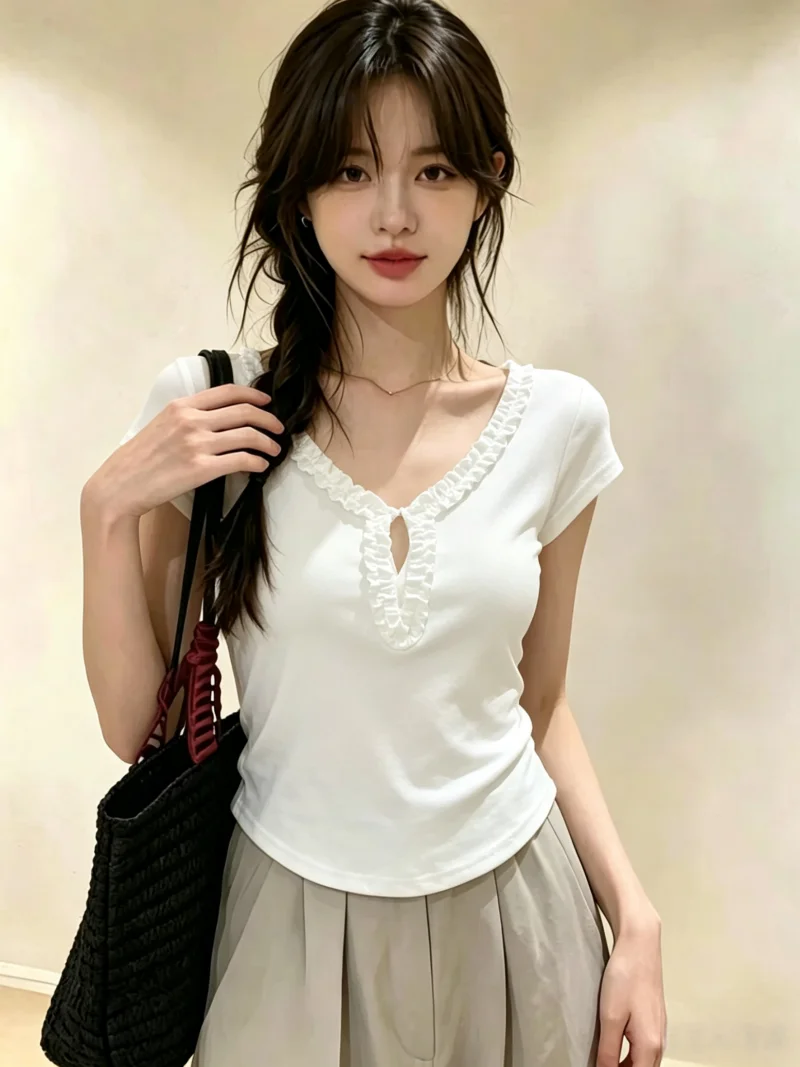Slim Fit Short Sleeve T-Shirt Women's Summer New Style V-neck Hollow out Floral Self-kept Model Thinming Korean Version
Slim Fit Short Sleeve T-Shirt Women's Summer New Style V-neck Hollow out Floral Self-kept Model Thinming Korean Version