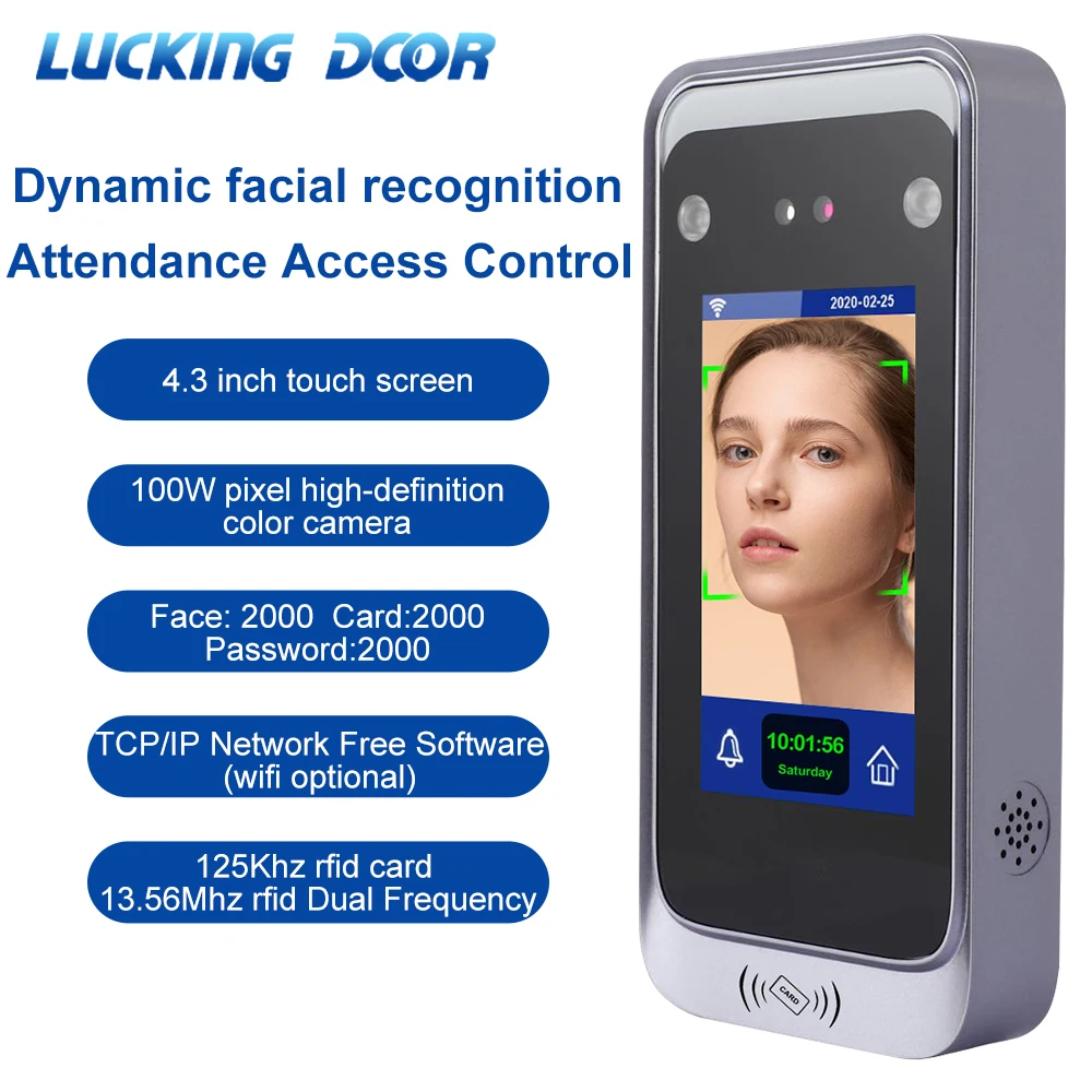 TCP/IP Dynamic Face Recognition RFID Access Control Terminal 4.3inch Screen Time Attendance Device 2000 User HD Camera
TCP/IP Dynamic Face Recognition RFID Access Control Terminal 4.3inch Screen Time Attendance Device 2000 User HD Camera