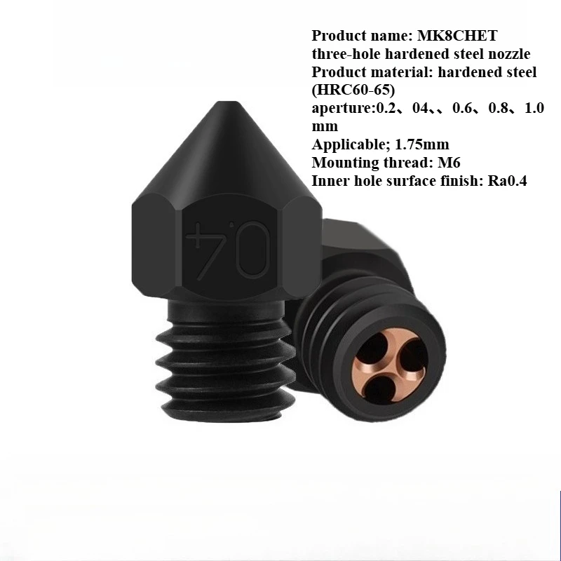 3D printer accessories MK8 hardened steel CHT nozzle three-hole clone high flow high temperature wear-resistant nozzle
3D printer accessories MK8 hardened steel CHT nozzle three-hole clone high flow high temperature wear-resistant nozzle