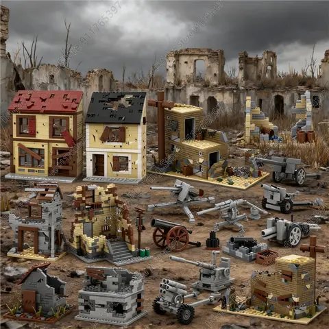 MOOXI Simulated Military War Building Blocks WW2 Battlefield Ruins Artillery Cannon Guns Model MOC Bricks Adult Set Toy For Boys