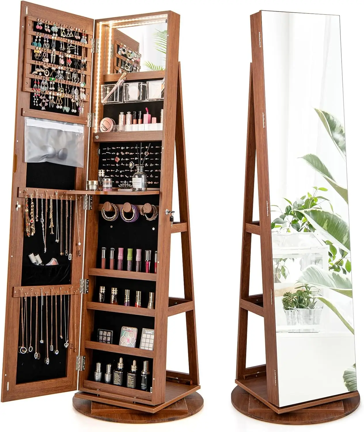 360° Swivel Jewelry Armoire with Full Length Mirror, Rear Storage Shelves,with Interior Vanity Mirror and 3-Color Lights (Walnut)
360° Swivel Jewelry Armoire with Full Length Mirror, Rear Storage Shelves,with Interior Vanity Mirror and 3-Color Lights (Walnut)