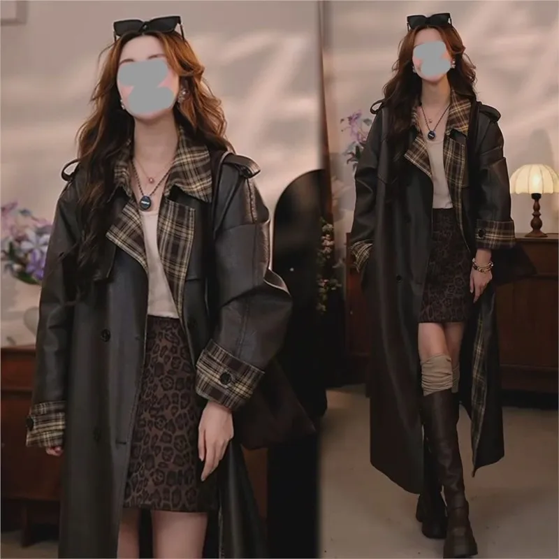 Fashionable motorcycle leather windbreaker women's new mid-length lace-up checkered patchwork
Fashionable motorcycle leather windbreaker women's new mid-length lace-up checkered patchwork