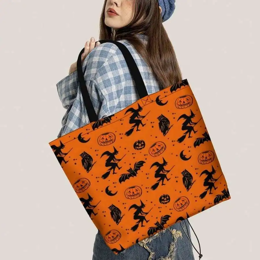Halloween Orange Tote Bag With Witch Pumpkin Bat Print For Women
Halloween Orange Tote Bag With Witch Pumpkin Bat Print For Women