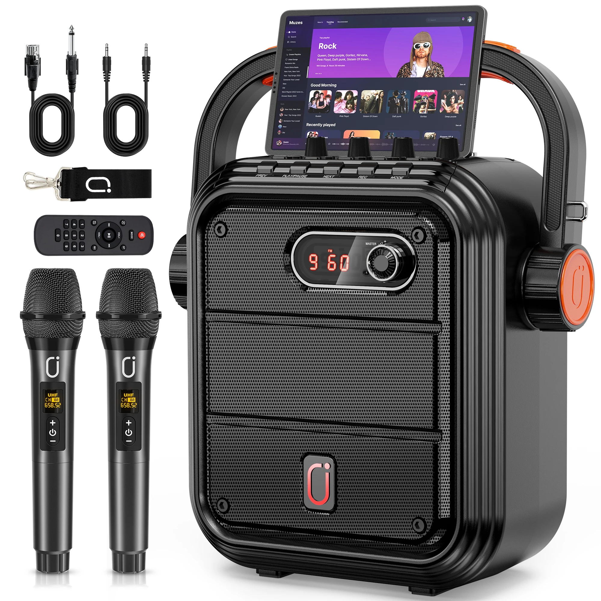 Karaoke Machine with 2 Wireless Microphones, Bluetooth PA Speaker, Treble/Bass Control with RGB Disco Lights, TWS Stereo Pairing
Karaoke Machine with 2 Wireless Microphones, Bluetooth PA Speaker, Treble/Bass Control with RGB Disco Lights, TWS Stereo Pairing