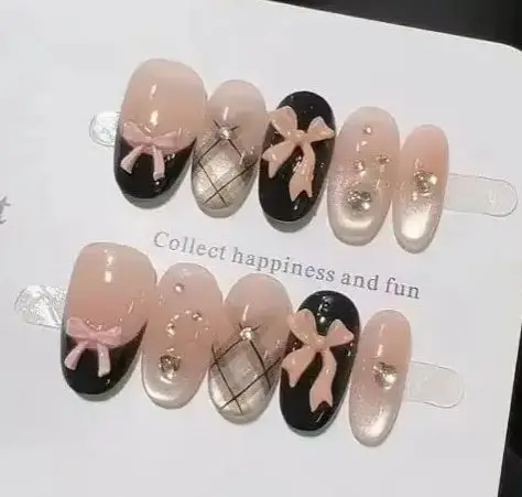 10PCS Sweet Nude Pink Cat Eye Handmade Press on Nails Black Plaid French with Bowknot False Nails Short Oval Wearable Fake Nails
10PCS Sweet Nude Pink Cat Eye Handmade Press on Nails Black Plaid French with Bowknot False Nails Short Oval Wearable Fake Nails