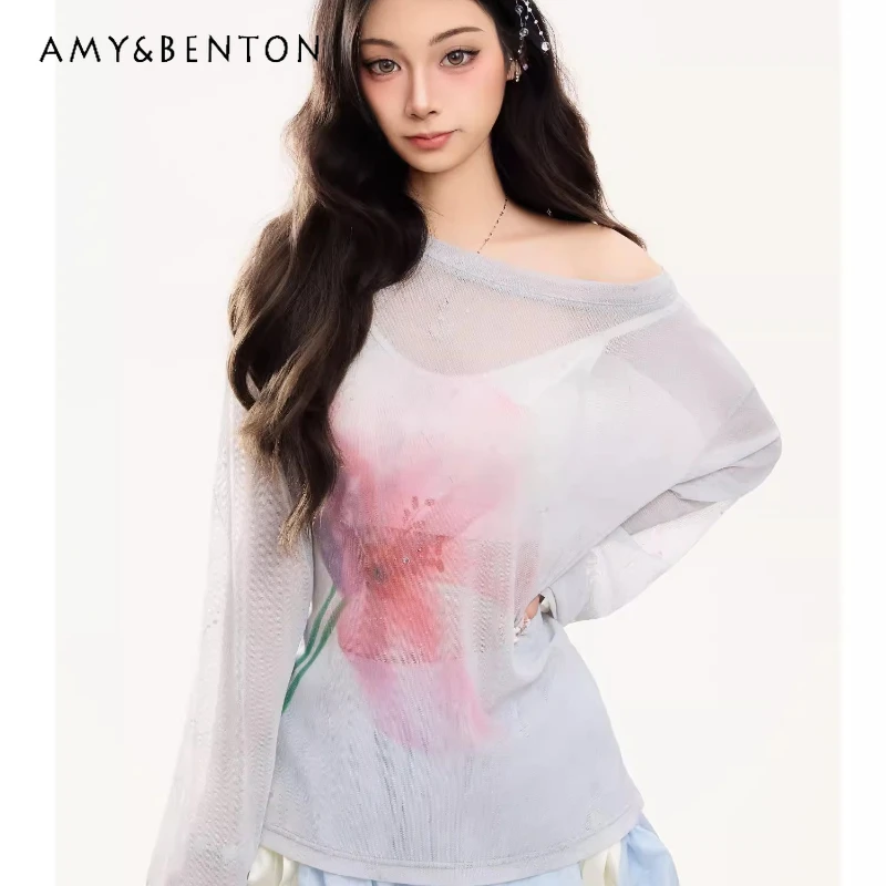 New Sweet Cool Drawstring Floral Printing Transparent Women's T-shirt Korean Thin Loose Long Sleeve Air Conditioning Shirt Girl
New Sweet Cool Drawstring Floral Printing Transparent Women's T-shirt Korean Thin Loose Long Sleeve Air Conditioning Shirt Girl