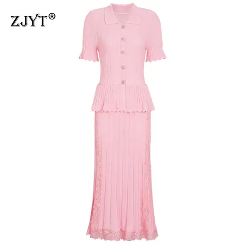 ZJYT Women's Summer Long Knitted Sweater Dress 2026 Fashion Short Sleeve Ruffles Lace Patchwork Sweet Pink Evening Party Dresses
