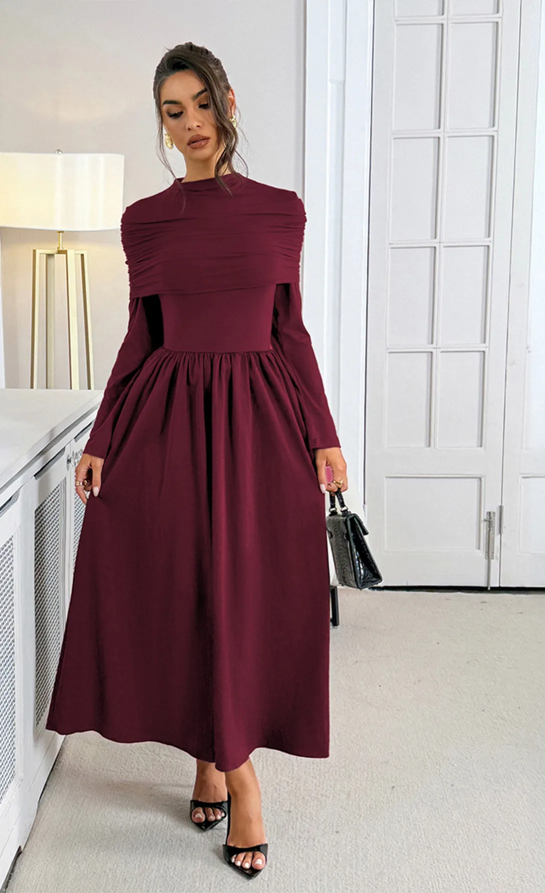 Women's Dress 3 Colors Stand Collar Midi Dress Ruched Overlay Long Sleeve Flare Skirt Formal Evening Party Wedding Guest Gown
Women's Dress 3 Colors Stand Collar Midi Dress Ruched Overlay Long Sleeve Flare Skirt Formal Evening Party Wedding Guest Gown
