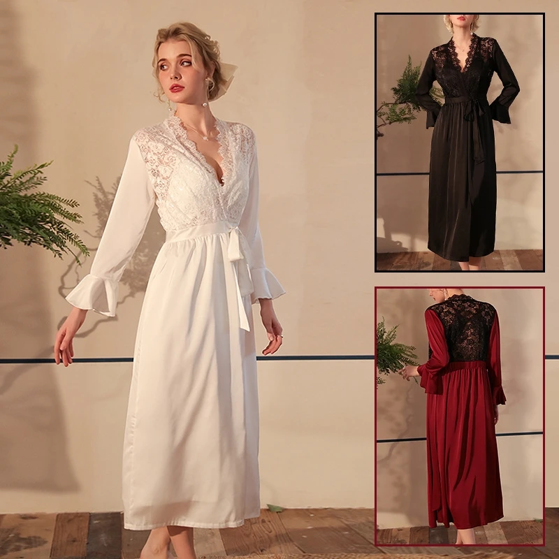 New Satin Robe Long Sleeve Sleepwear Women Sexy V-Neck Nightgown Homewear Lace Flower Bridal Wedding Dresses Spring Loungewear
New Satin Robe Long Sleeve Sleepwear Women Sexy V-Neck Nightgown Homewear Lace Flower Bridal Wedding Dresses Spring Loungewear