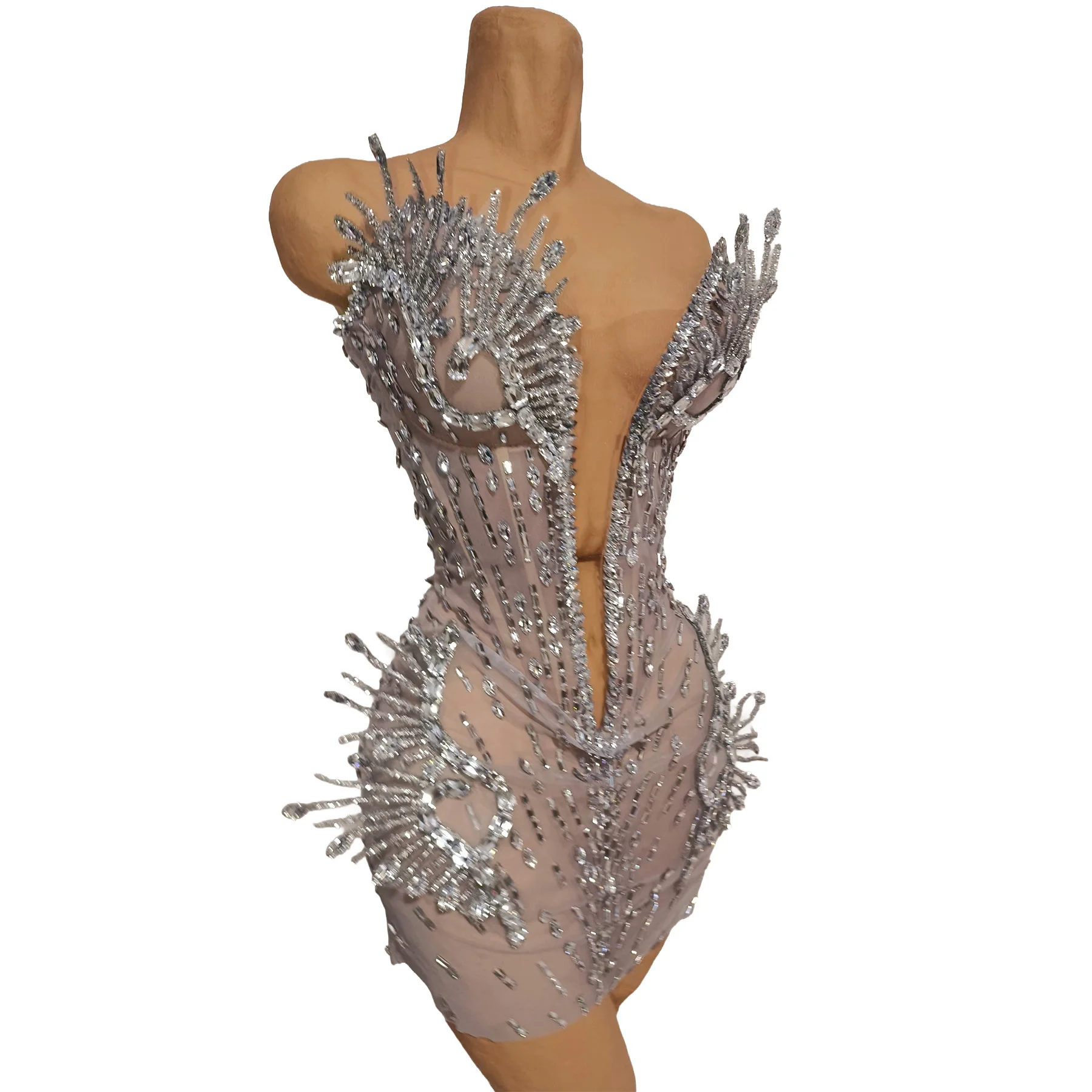 Haima Luxury Silver Rhinestone Spiky Detail Mesh Mini Dress Deep V Neck Sheer Bodycon Party Dress For Women Nightclub Outfit
Haima Luxury Silver Rhinestone Spiky Detail Mesh Mini Dress Deep V Neck Sheer Bodycon Party Dress For Women Nightclub Outfit