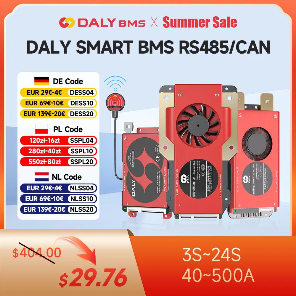 Daly Smart BMS 4S Lifepo4 8S 16S 40A 60A 100A 150A 200A 300A 400A 500A Bluetooth APP for Inverter Solar RV RS485 CANBUS
Daly Smart BMS 4S Lifepo4 8S 16S 40A 60A 100A 150A 200A 300A 400A 500A Bluetooth APP for Inverter Solar RV RS485 CANBUS