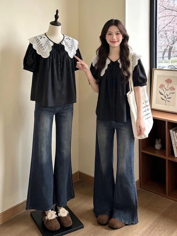Black Lace Collar Doll Shoulder Women's Shirt Korean Style Bubble Sleeve Short Sleeve Slimming Top for Younger Look Summer New
Black Lace Collar Doll Shoulder Women's Shirt Korean Style Bubble Sleeve Short Sleeve Slimming Top for Younger Look Summer New