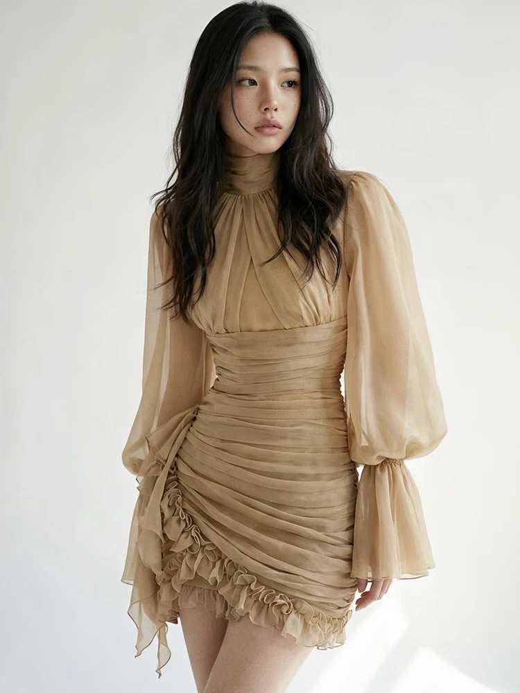 Elegant High Collar Lantern Sleeve Pleated Women's Dress Slimming Asymmetrical Skirt Soft Polyester Fabric Long Sleeve Dress
Elegant High Collar Lantern Sleeve Pleated Women's Dress Slimming Asymmetrical Skirt Soft Polyester Fabric Long Sleeve Dress