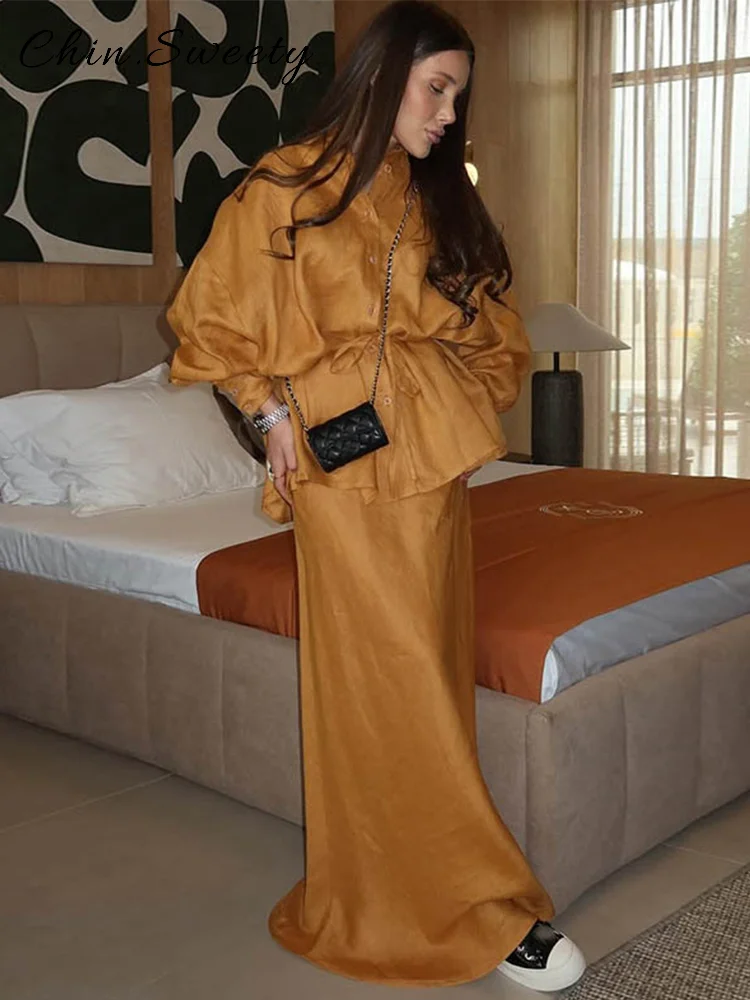 Fashion Lace Up Long Skirt Set Women Loose Solid Lapel Full Sleeve Single Breasted Tops Straight Skirts 2025 Summer Lady Outfits 
Fashion Lace Up Long Skirt Set Women Loose Solid Lapel Full Sleeve Single Breasted Tops Straight Skirts 2025 Summer Lady Outfits