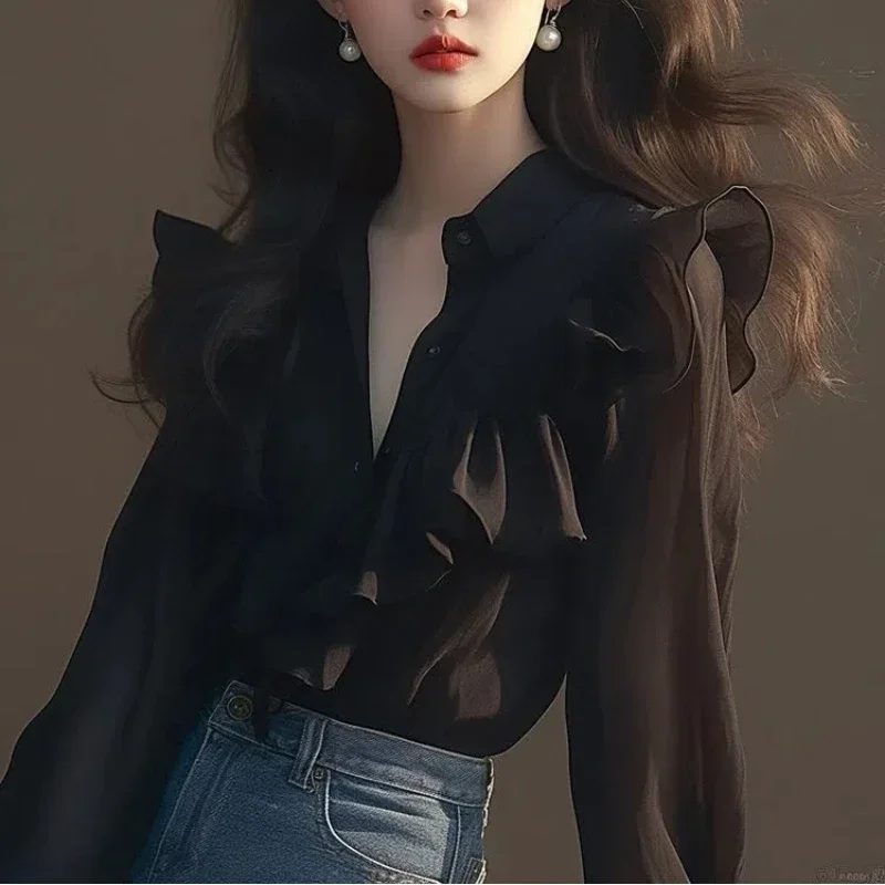 Temperament Black Ruffles Thin Blouse Spring Summer New Long Sleeve Solid All-match Casual Shirt Tops Trend Korean Women Clothes
Temperament Black Ruffles Thin Blouse Spring Summer New Long Sleeve Solid All-match Casual Shirt Tops Trend Korean Women Clothes