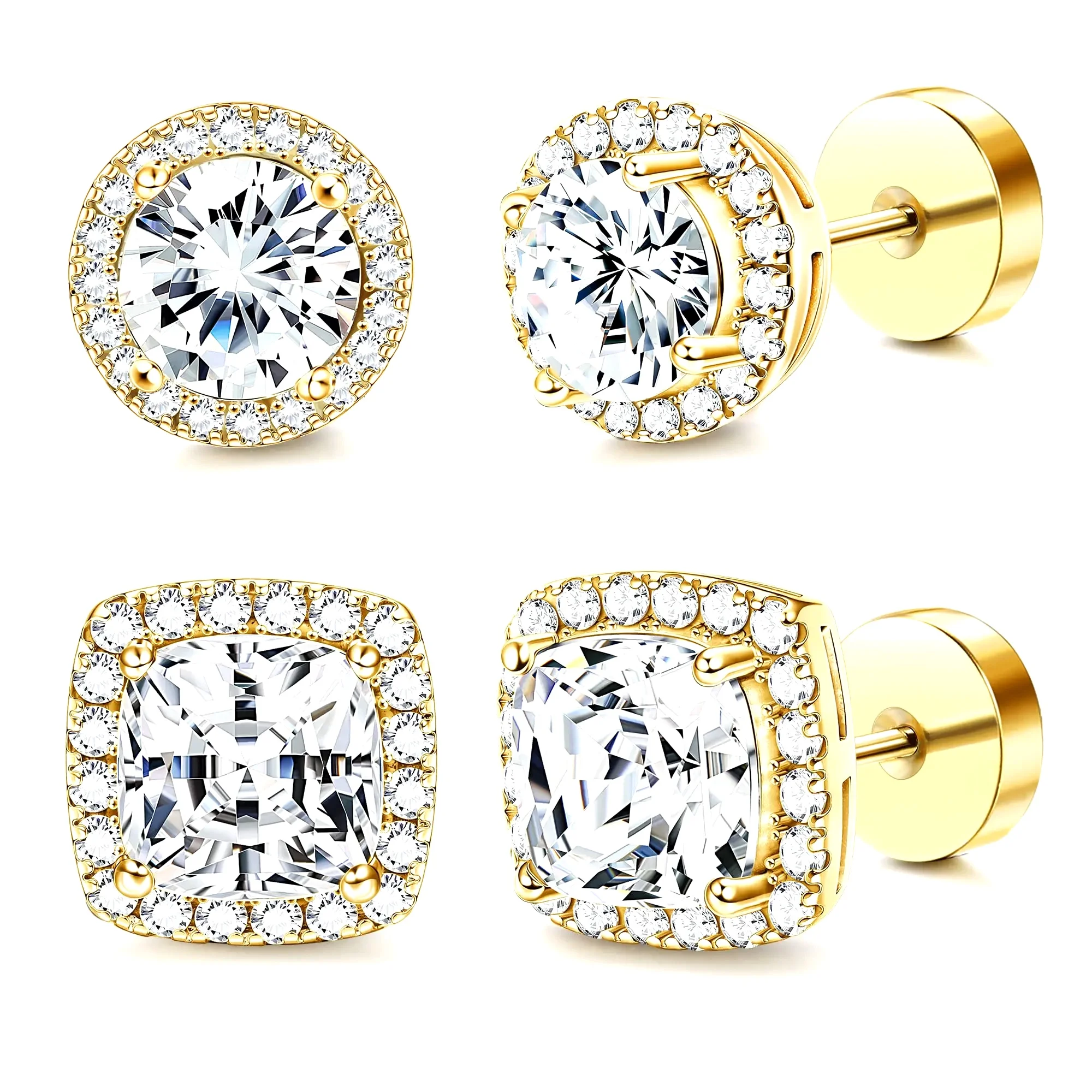 2Pairs 316L Surgical Steel Large CZ Stud Earrings for Men Women Flat Back Round Square Cubic Zirconia Earring Set 14K Gold Plate
2Pairs 316L Surgical Steel Large CZ Stud Earrings for Men Women Flat Back Round Square Cubic Zirconia Earring Set 14K Gold Plate