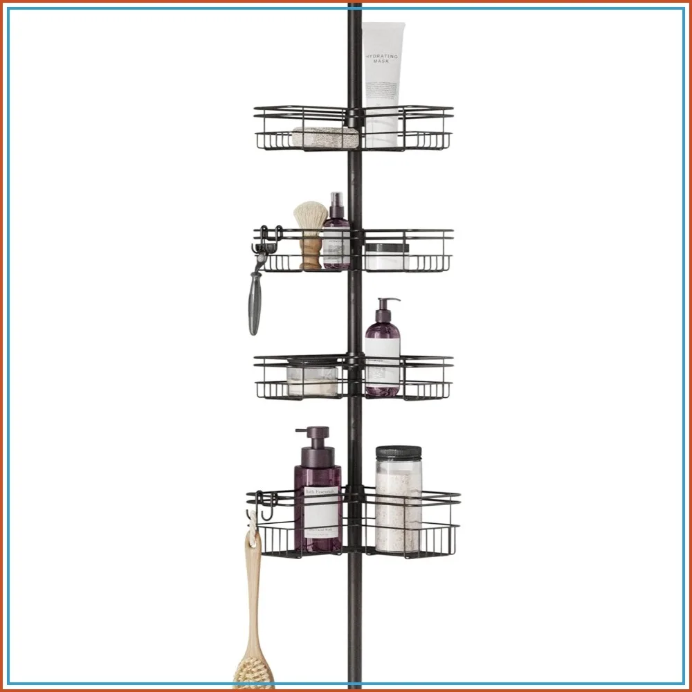 Adjustable Tension Pole Shower Caddy, 60-97 Inch, Corner Organizer with 4 Baskets & Hooks, Rust Resistant, Bronze
Adjustable Tension Pole Shower Caddy, 60-97 Inch, Corner Organizer with 4 Baskets & Hooks, Rust Resistant, Bronze