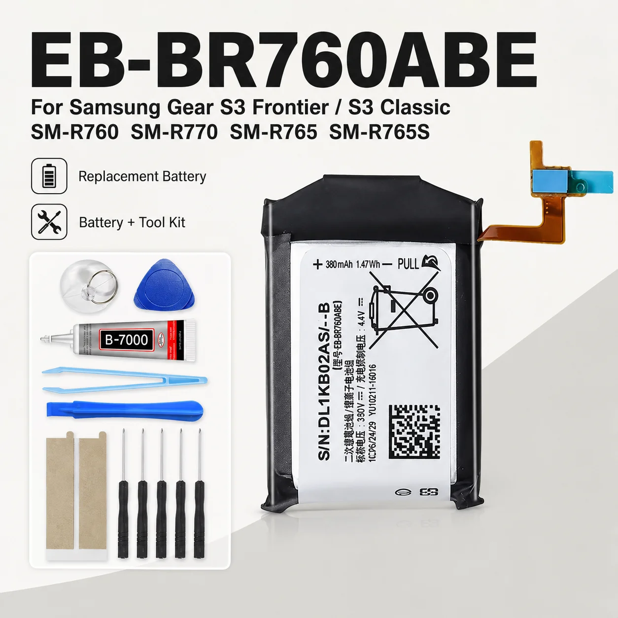 380mAh EB-BR760ABE Watch Battery For Samsung Gear S3 Frontier Classic SM-R760 R770 R765 R765S Long Life With Free Tools Kit
380mAh EB-BR760ABE Watch Battery For Samsung Gear S3 Frontier Classic SM-R760 R770 R765 R765S Long Life With Free Tools Kit