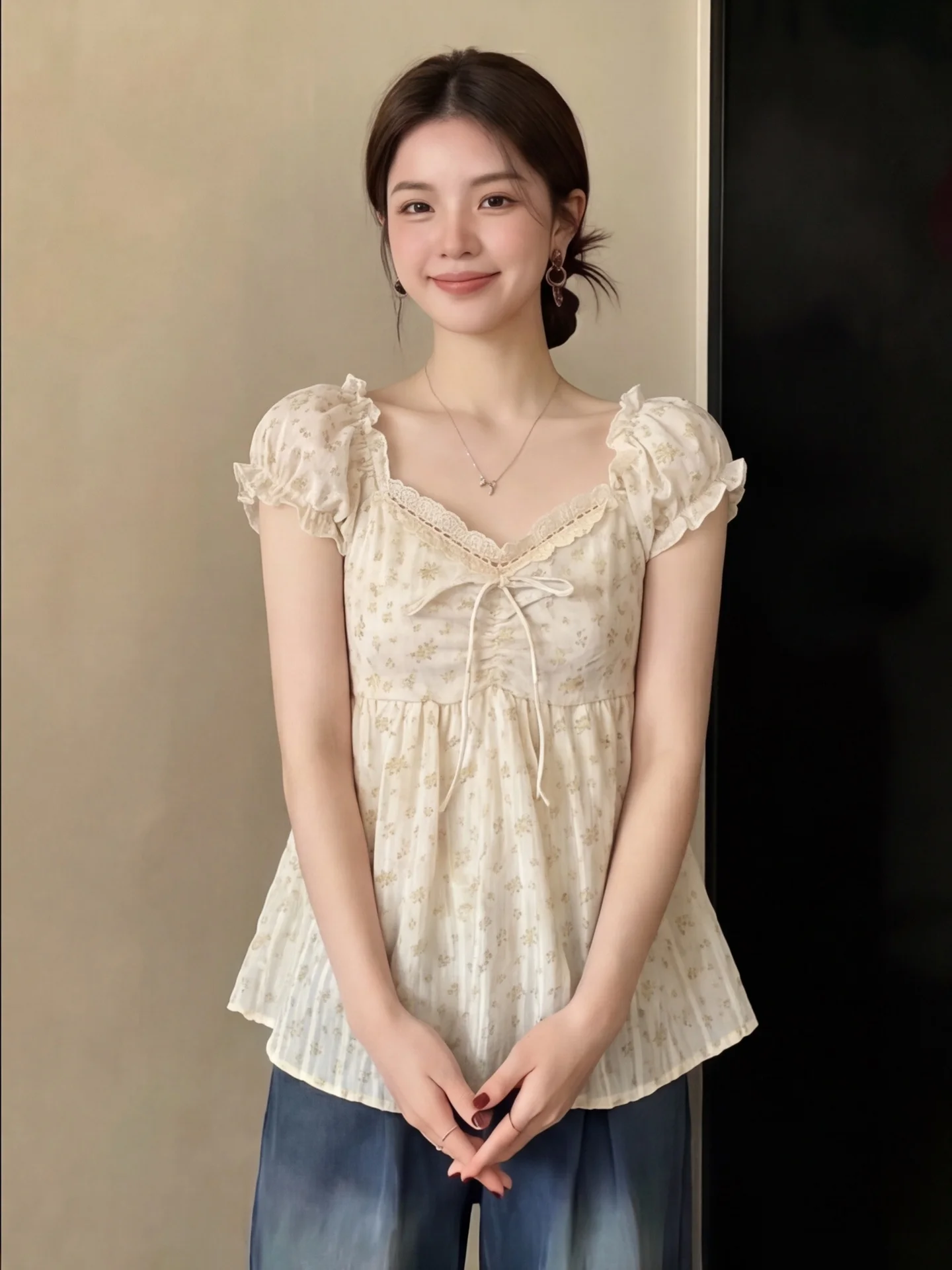 Sweet V-Neck Knot Short Sleeve Floral Print Shirt for Women Summer Anti-Aging A-Line Shirt Casual Style Polyes...
Sweet V-Neck Knot Short Sleeve Floral Print Shirt for Women Summer Anti-Aging A-Line Shirt Casual Style Polyes...