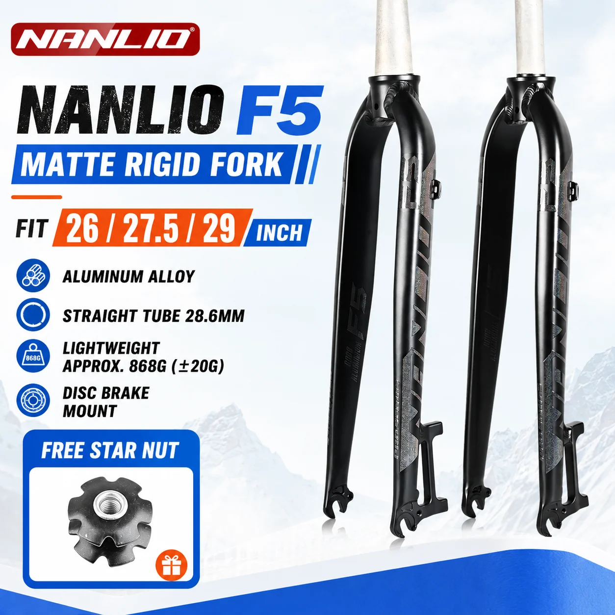 Nanlio F5 Matte Rigid MTB Fork 26 27.5 29 Inch Aluminum Alloy Mountain Bike Hard Fork 28.6mm Straight Steerer Disc Brake
Nanlio F5 Matte Rigid MTB Fork 26 27.5 29 Inch Aluminum Alloy Mountain Bike Hard Fork 28.6mm Straight Steerer Disc Brake