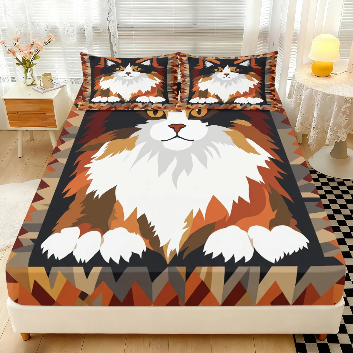 Abstract Geometric Zigzag Border Kitten Fitted Sheet 3PCS, Fall Tone Longhair Calico Cat Portrait Pattern Elastic Mattress Cover
Abstract Geometric Zigzag Border Kitten Fitted Sheet 3PCS, Fall Tone Longhair Calico Cat Portrait Pattern Elastic Mattress Cover