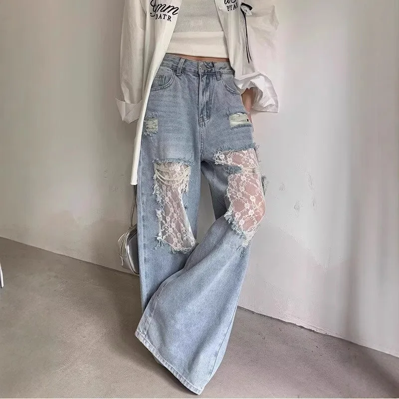 Women Denim Pant Wide Leg Pants Floor Length Lace Splice Jeans Vintage Straight Pants High Waist Hole Trousers Y2k Streetwear
Women Denim Pant Wide Leg Pants Floor Length Lace Splice Jeans Vintage Straight Pants High Waist Hole Trousers Y2k Streetwear