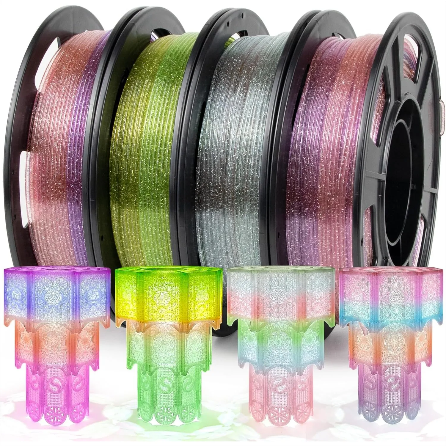 Clear Gradient PETG Filament 1.75mm, Transparent Glitter 3D Printer Filament Bundle, Vivid Rainbow with ±0.02mm Accuracy, 250g×4
Clear Gradient PETG Filament 1.75mm, Transparent Glitter 3D Printer Filament Bundle, Vivid Rainbow with ±0.02mm Accuracy, 250g×4