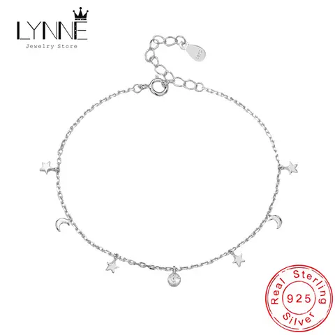 Tobilleras con colgante de estrella y luna para mujer, bola redonda bohemia, Plata de Ley 925, joyería Sexy de moda, pulsera de cadena para pie de playa, regalo