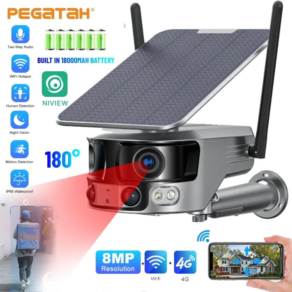 4K 8MP Солнечная камера с двумя объективами, 4G WIFI, 180° ° Ультраширокоугольная камера безопасности с PIR-датчиком обнаружения человека и двусторонней аудиосвязью
4K 8MP Солнечная камера с двумя объективами, 4G WIFI, 180° ° Ультраширокоугольная камера безопасности с PIR-датчиком обнаружения человека и двусторонней аудиосвязью