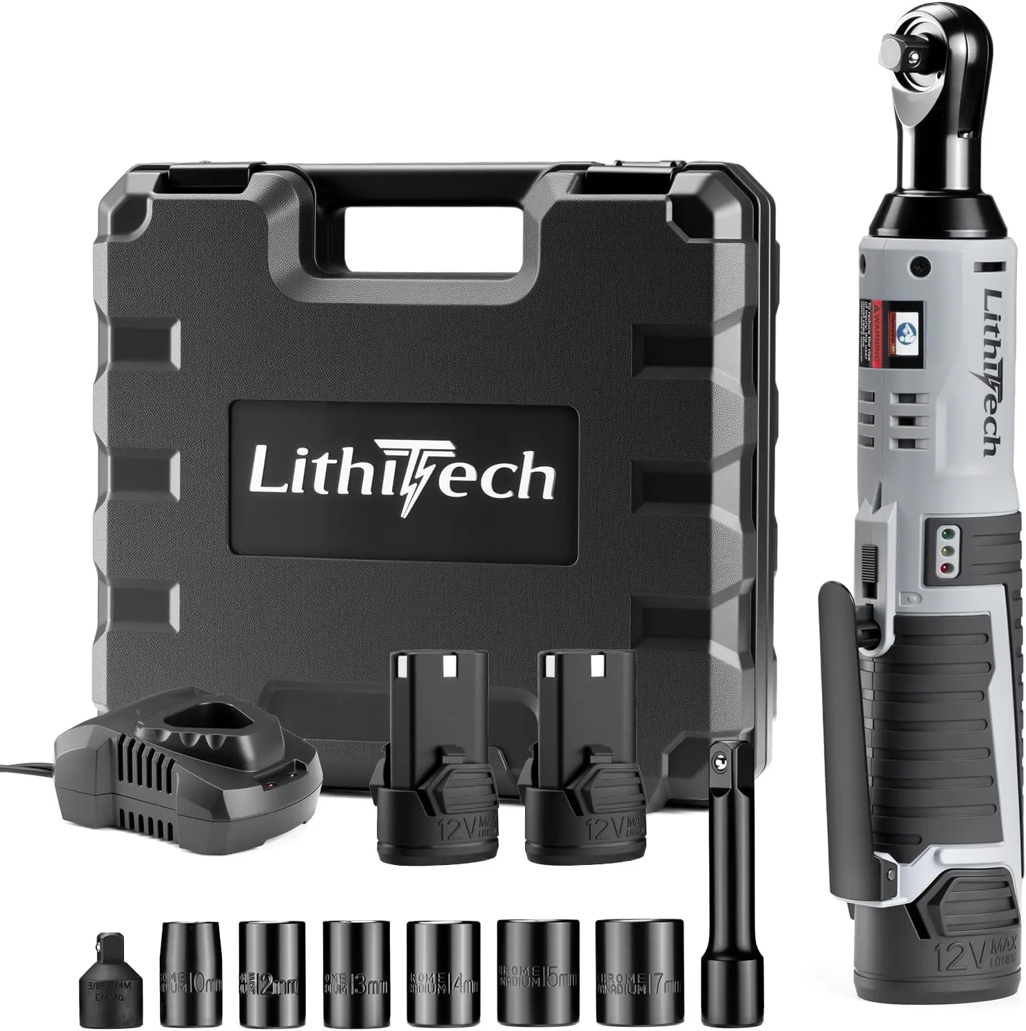 12V Cordless Ratchet Wrench Set, 40Ft-lbs, 2x2000mAh Batteries, 6 Sockets, Adapter & Extension Bar
12V Cordless Ratchet Wrench Set, 40Ft-lbs, 2x2000mAh Batteries, 6 Sockets, Adapter & Extension Bar