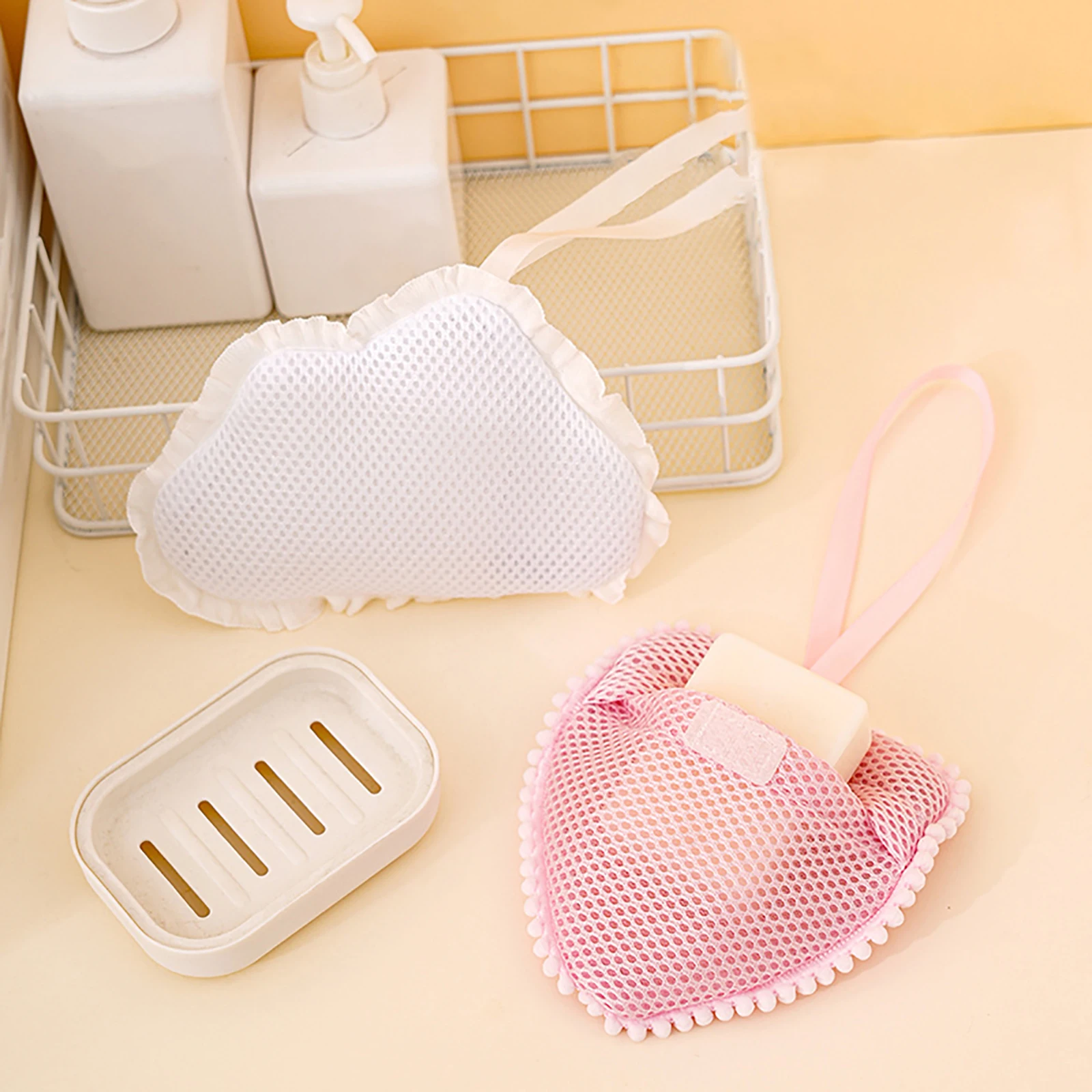 Cloud/Heart Shape Soap Mesh Pouch With Lanyard Fast Foaming Shower Travel Holder Net Bath Flower Scrubbing Bathroom Accessories
Cloud/Heart Shape Soap Mesh Pouch With Lanyard Fast Foaming Shower Travel Holder Net Bath Flower Scrubbing Bathroom Accessories