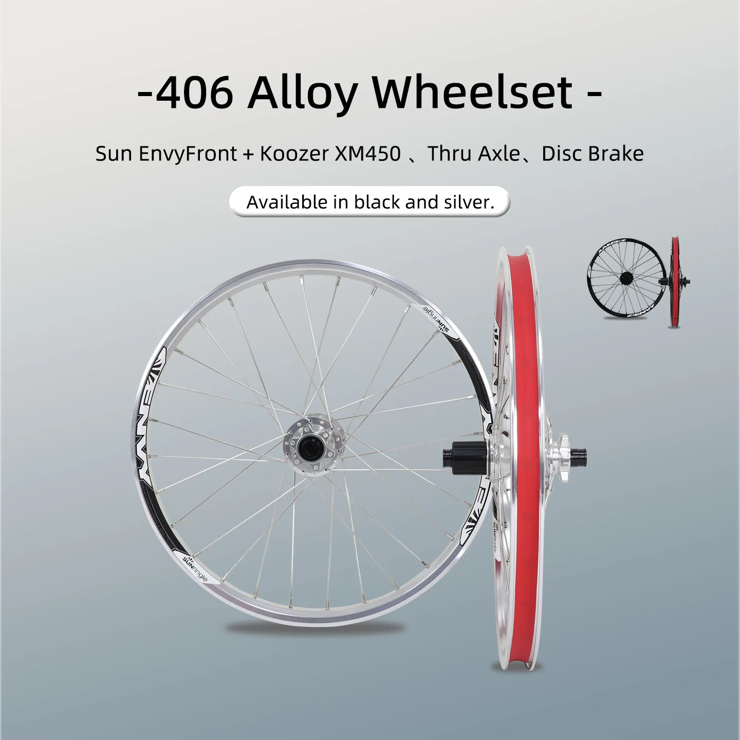 20" 406 Wheelset, Koozer 450 Hubs, Sun Rim, Thru Axle, Disc Brake, Light Off-Road
20" 406 Wheelset, Koozer 450 Hubs, Sun Rim, Thru Axle, Disc Brake, Light Off-Road