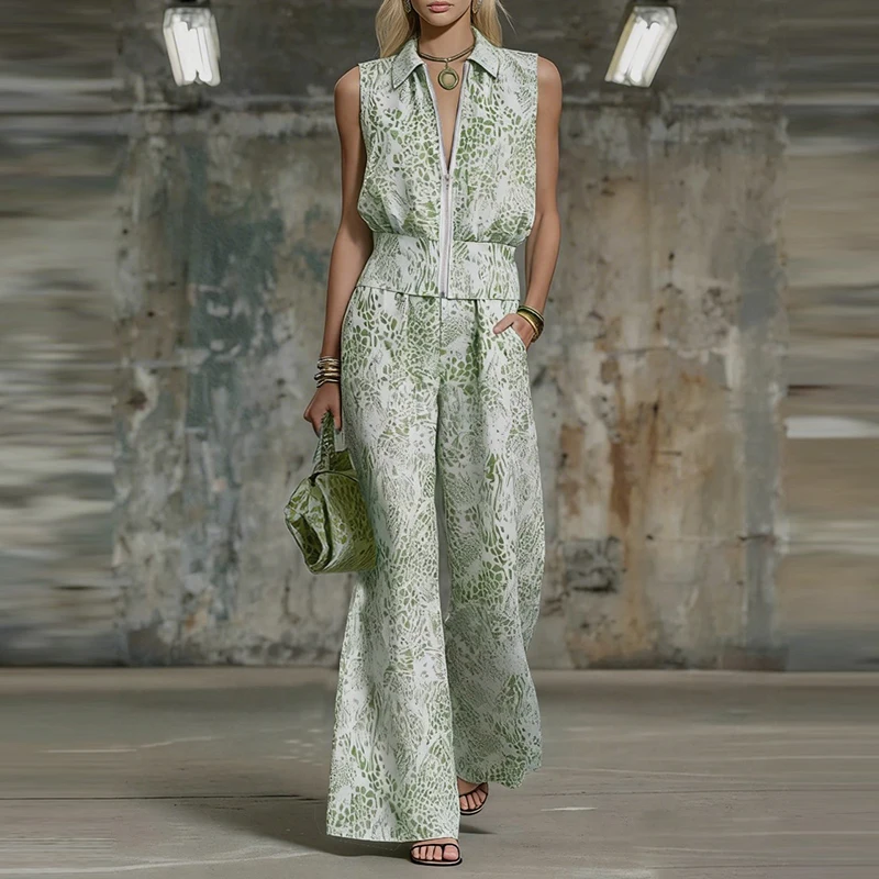 Elegant Collar Zipper High Waist Outfit Casual Sleeveless Tank Top+Wide Leg Pants 2pc Set Lady Trendy Print Office Commuter Suit
Elegant Collar Zipper High Waist Outfit Casual Sleeveless Tank Top+Wide Leg Pants 2pc Set Lady Trendy Print Office Commuter Suit