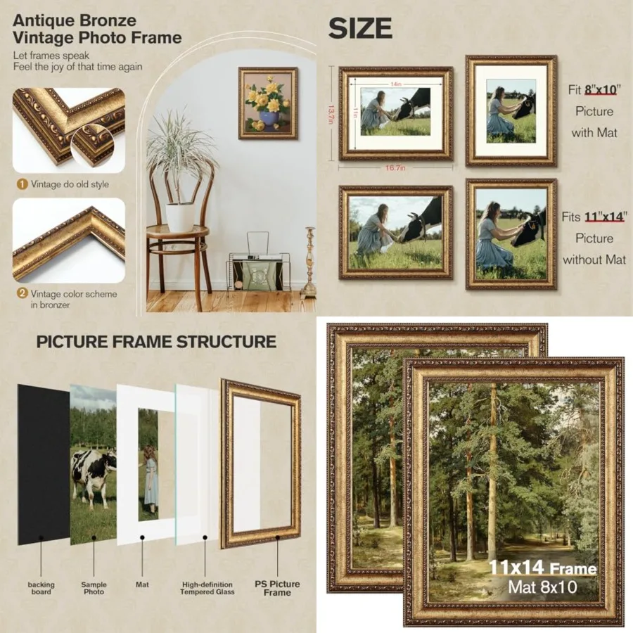 11x14 Gold Picture Frame, 2 Pack Ornate Vintage Picture Frames for Wall or Tabletop Display, 11 x 14 Photo Frame Gold with Real Glass, Display Poster 8x10 with Mat or 11x14 without Mat for Antique Déco
11x14 Gold Picture Frame, 2 Pack Ornate Vintage Picture Frames for Wall or Tabletop Display, 11 x 14 Photo Frame Gold with Real Glass, Display Poster 8x10 with Mat or 11x14 without Mat for Antique Déco